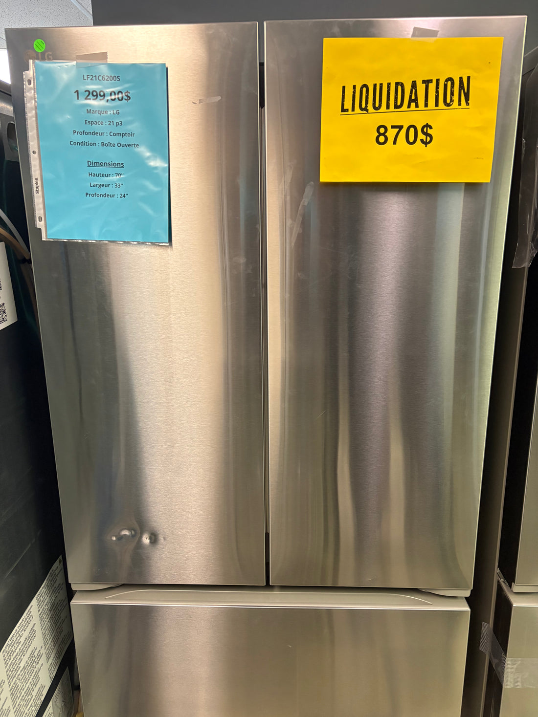 LIQUIDATION - Réfrigérateur à portes françaises 33" - LF21C6200S - LG - Tel Quel